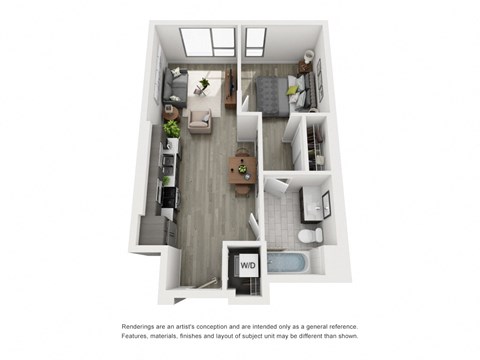 Floor plan for 1 bed, 1 bath, 654 sqft